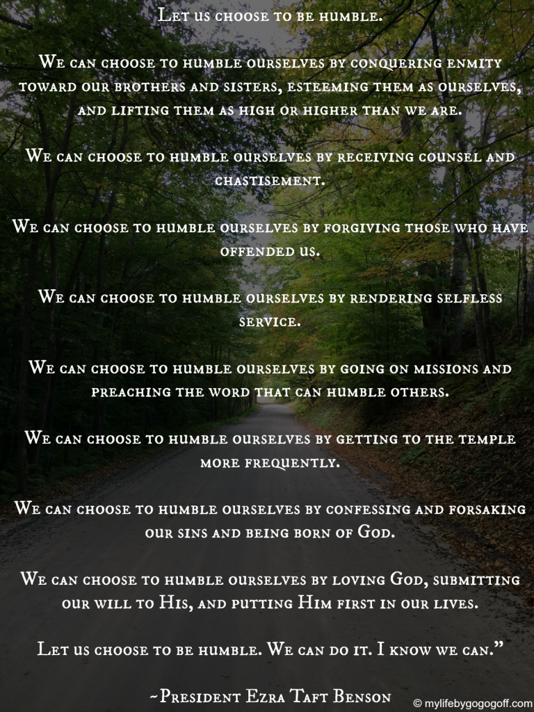 Let us choose to be humble. We can choose to humble ourselves by conquering enmity toward our brothers and sisters, esteeming them as ourselves, and lifting them as high or higher than we are. We can choose to humble ourselves by receiving counsel and chastisement. We can choose to humble ourselves by forgiving those who have offended us. We can choose to humble ourselves by rendering selfless service. We can choose to humble ourselves by going on missions and preaching the word that can humble others. We can choose to humble ourselves by getting to the temple more frequently. We can choose to humble ourselves by confessing and forsaking our sins and being born of God. We can choose to humble ourselves by loving God, submitting our will to His, and putting Him first in our lives. Let us choose to be humble. We can do it. I know we can." ~President Ezra Taft Benson