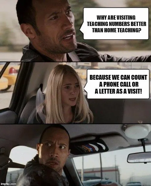 Why are visiting teaching numbers better than home teaching? Because we can count a phone call or a letter as a visit. 