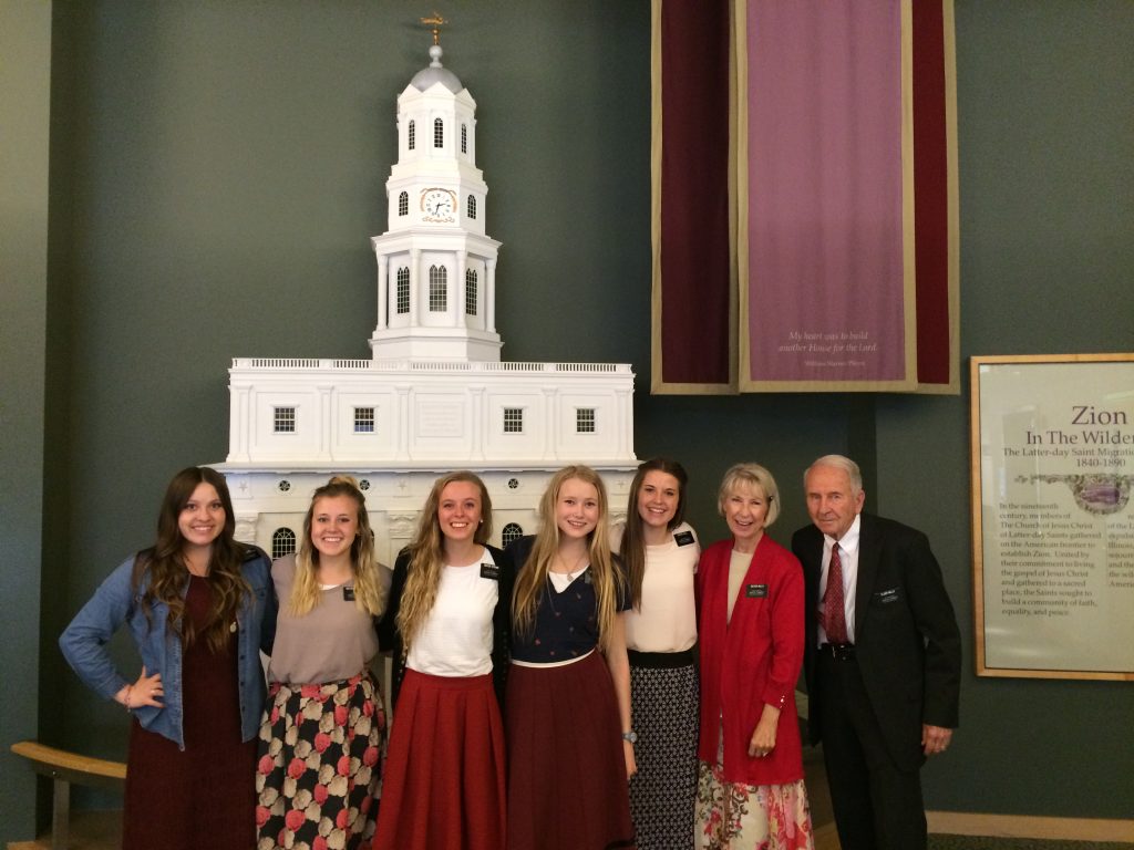 The awesome missionaries at the Mormon Trail Center! (From left to right) Sisters Young, Hutchison, Strong, Phinhey, Hall, And Elder and Sister Mills.