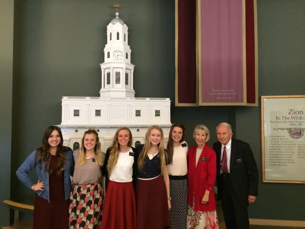 The awesome missionaries at the Mormon Trail Center! (From left to right) Sisters Young, Hutchison, Strong, Phinhey, Hall, And Elder and Sister Mills. 
