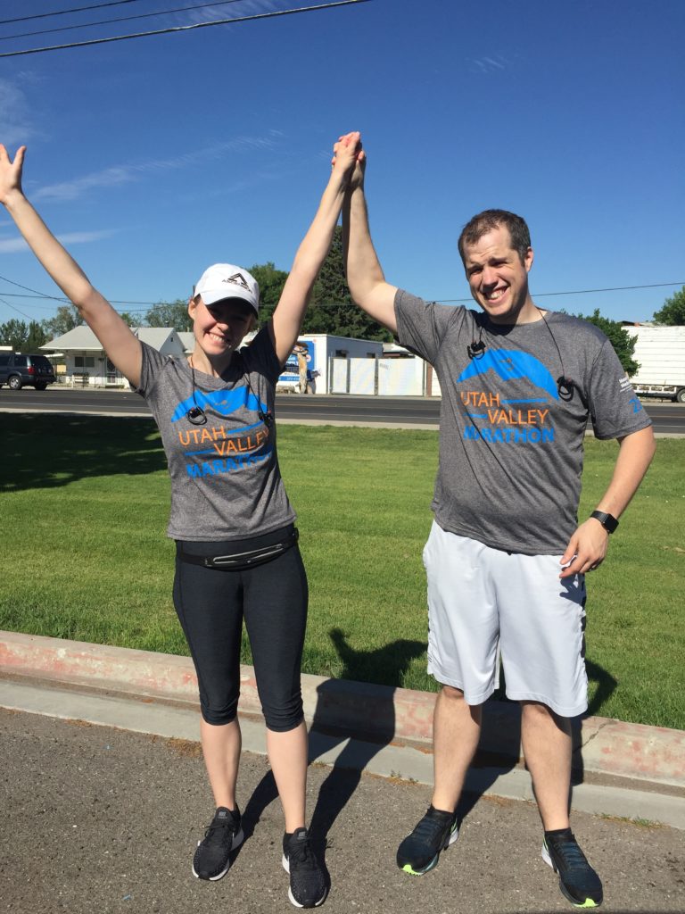 Celebrating the finish line of our virtual half with the Utah valley marathon, at Ft Utah in Provo.