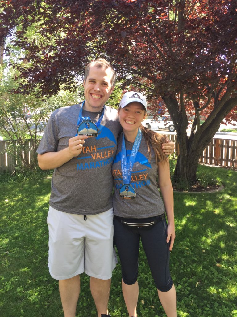 Enjoying our medals after finishing the virtual half marathon with the Utah Valley Marathon.