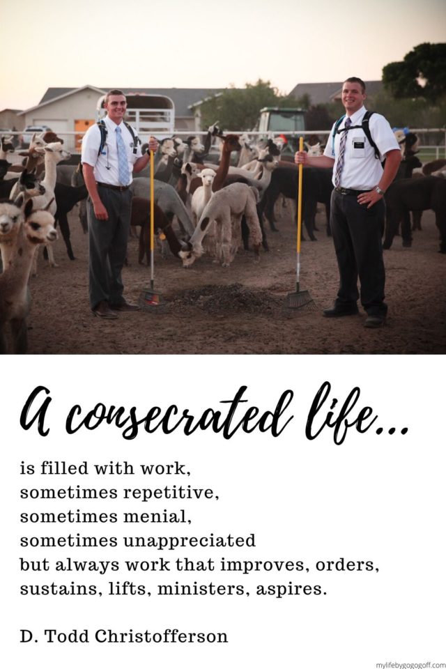 "A consecrated life is filled with work, sometimes repetitive, sometimes menial, sometimes unappreciated but always work that improves, orders, sustains, lifts, ministers, aspires." D. Todd Christofferson ("Reflections on a Consecrated Life" Oct 2010)