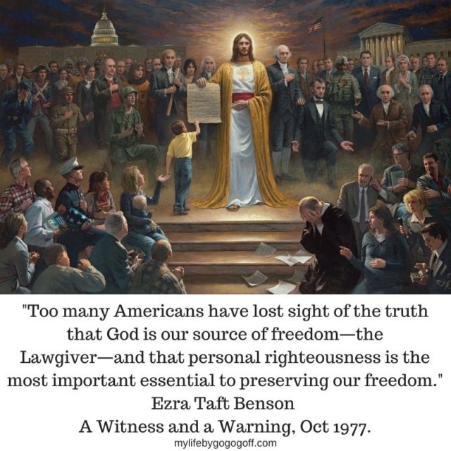 "Too many Americans have lost sight of the truth that God is our source of freedom—the Lawgiver—and that personal righteousness is the most important essential to preserving our freedom." Ezra Taft Benson