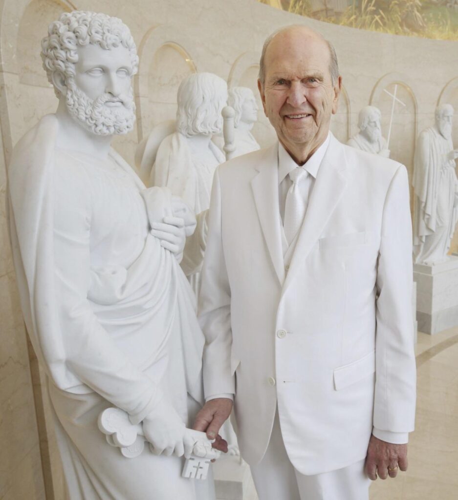 President Russell M. Nelson at the Rome Temple with Peter holding the keys.